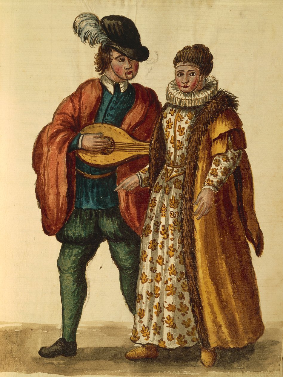 Gli Abiti de Veneziani autorstwa Jana van Grevenbroecka lub Giovanniego Grevembrocha, ilustrowana księga kostiumów i masek, akwarela autorstwa Jan van Grevenbroeck