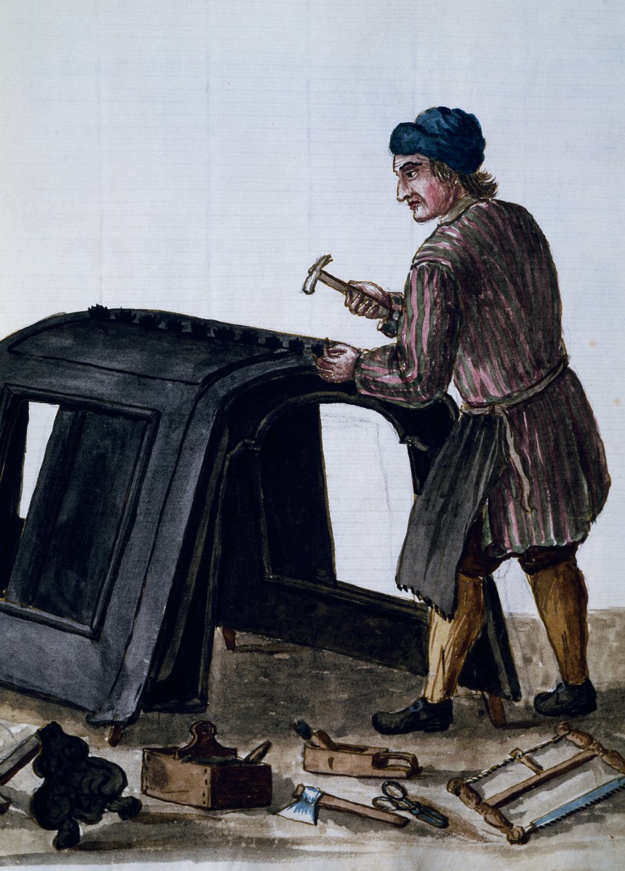 Budowniczowie gondoli, ilustracja Jan van Grevenbroeck (1731-1807) z rękopisu Dress of Venetian, Włochy autorstwa Jan van Grevenbroeck