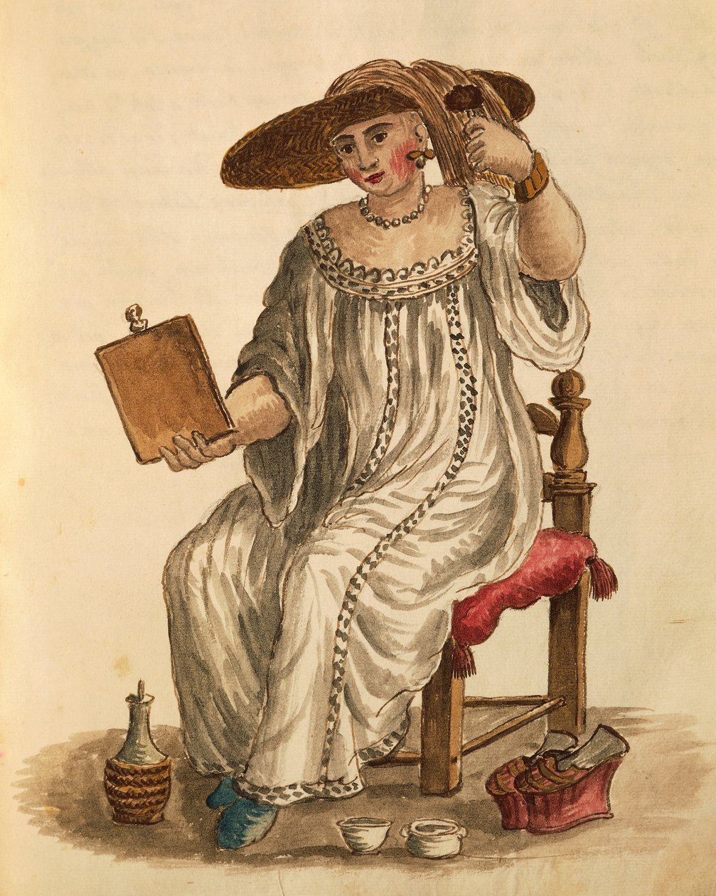 Dama robiąca makijaż, Jan van Grevenbroeck lub Giovanni Grevembroch (1731-1807), Gli Abiti de Veneziani, z ilustrowanej księgi kostiumów, akwarela autorstwa Jan van Grevenbroeck