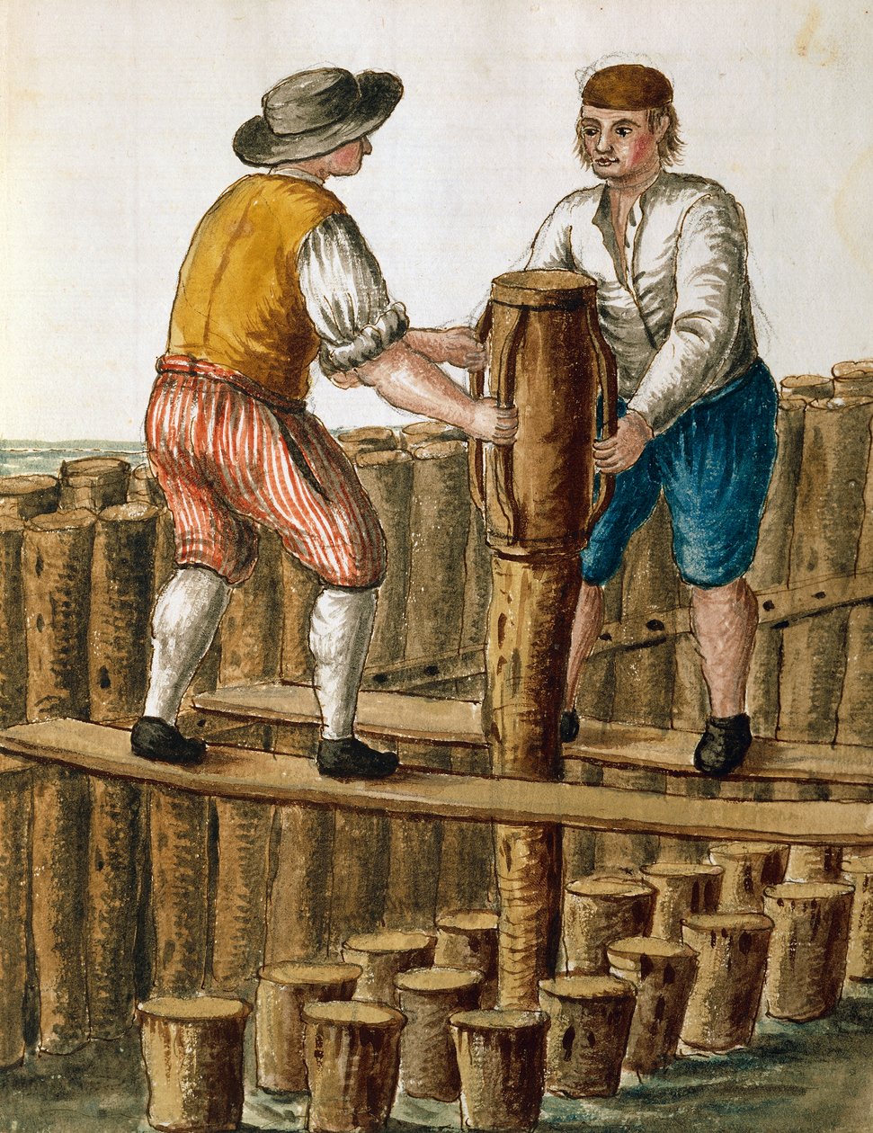 Kładzenie fundamentów laguny weneckiej, ilustracja Jan van Grevenbroeck (1731-1807) z rękopisu Dress of Venetian, Włochy autorstwa Jan van Grevenbroeck