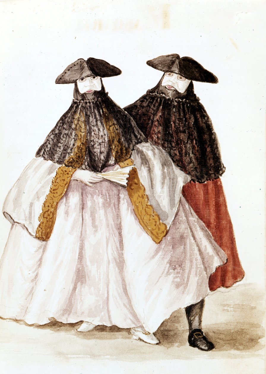 Maski karnawałowe w Wenecji. Rysunek akwarelowy i tusz z rękopisu „Zwyczajności Wenecjan” Jana van Grevenbroeka (lub Giovanniego Grevenbroicha (Grevenbroich) (1731-1807) autorstwa Jan van Grevenbroeck