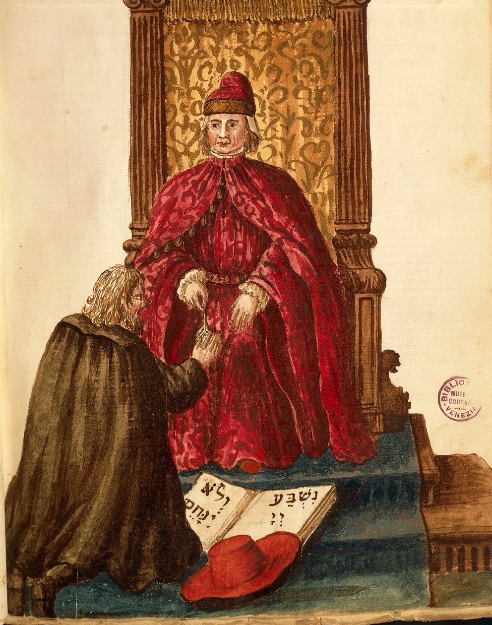 Dostojnik Republiki przysięgający wierność dożowi weneckiemu, Jan van Grevenbroeck lub Giovanni Grevembroch (1731-1807), Gli Abiti de Veneziani, z ilustrowanej księgi kostiumów, akwarela autorstwa Jan van Grevenbroeck