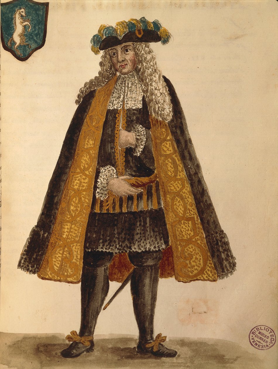 Ambasador Sardynii, Jan van Grevenbroeck lub Giovanni Grevembroch (1731-1807), Gli Abiti de Veneziani, z ilustrowanej księgi kostiumów, akwarela autorstwa Jan van Grevenbroeck