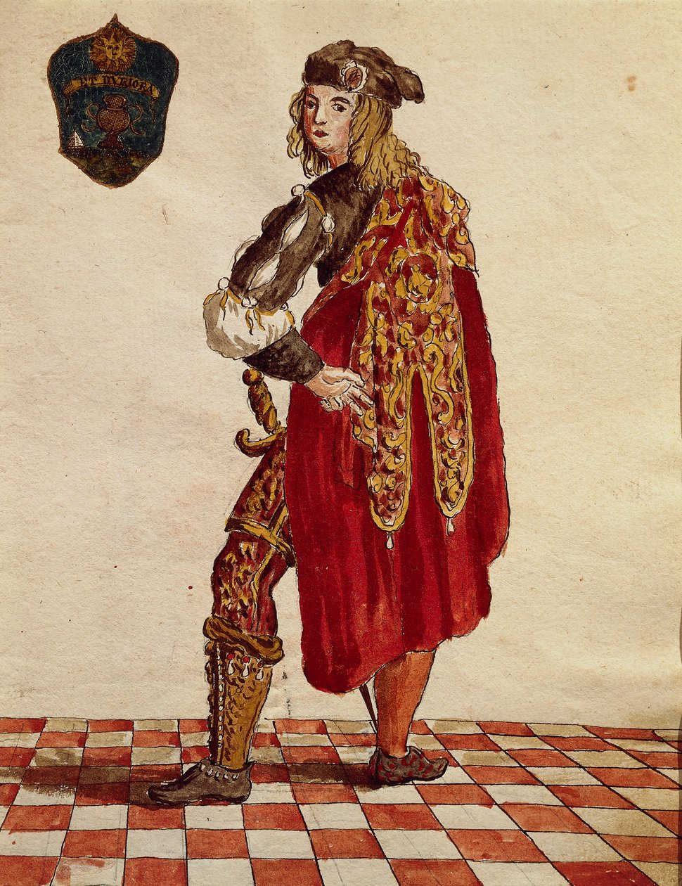 Kostium rycerza Confraternity de la Calza (Pończocha) w 1564, Jan van Grevenbroeck lub Giovanni Grevembroch (1731-1807), Gli Abiti de Veneziani, z ilustrowanej księgi kostiumów, akwarela autorstwa Jan van Grevenbroeck