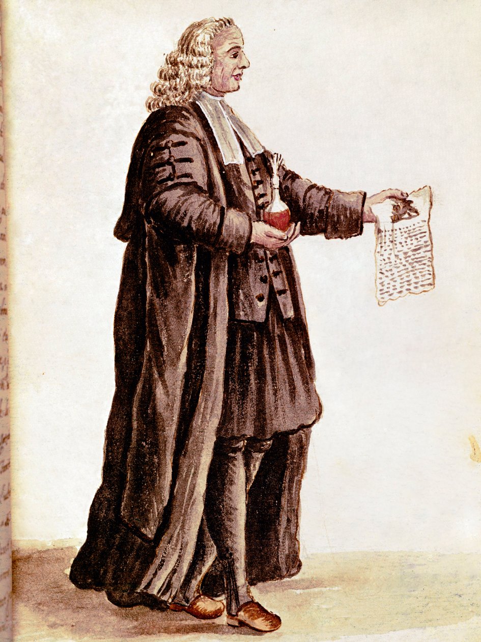 Aptekarz trzymający w rękach małą fiolkę i receptę Rysunek akwareli i atramentu z rękopisu Jana van Grevenbroeka (lub Giovanniego Grevenbroicha (Grevenbroich) (1731-1807) autorstwa Jan van Grevenbroeck