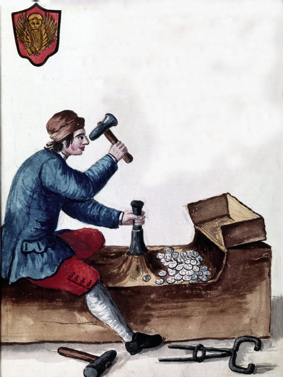 Produkcja monet Republiki Weneckiej: etap bicia. Rysunek akwarelowy i tusz z rękopisu „Zwyczajności Wenecjan” Jana van Grevenbroecka (lub Giovanniego Grevembrocha (Grevenbrocha) (1731-1807) autorstwa Jan van Grevenbroeck