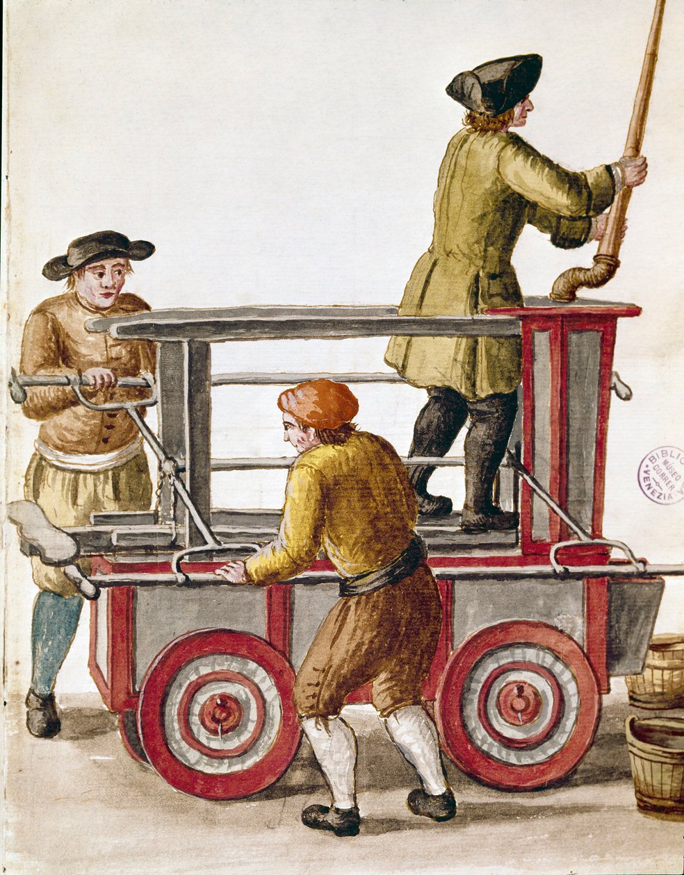 Użycie pompy wodnej lub pompy hydraulicznej Rysunek akwarelowy i tusz z rękopisu autorstwa Jana van Grevenbroecka (lub Giovanni Grevembroch (Grevenbroch) (1731-1807) autorstwa Jan van Grevenbroeck