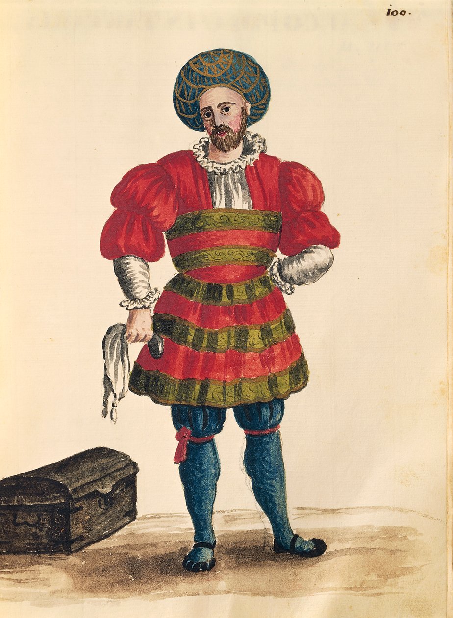 Odzież wenecka: wenecki podróżnik, Jan van Grevenbroeck lub Giovanni Grevembroch (1731-1807), Gli Abiti de Veneziani, z ilustrowanej księgi kostiumów, akwarela autorstwa Jan van Grevenbroeck