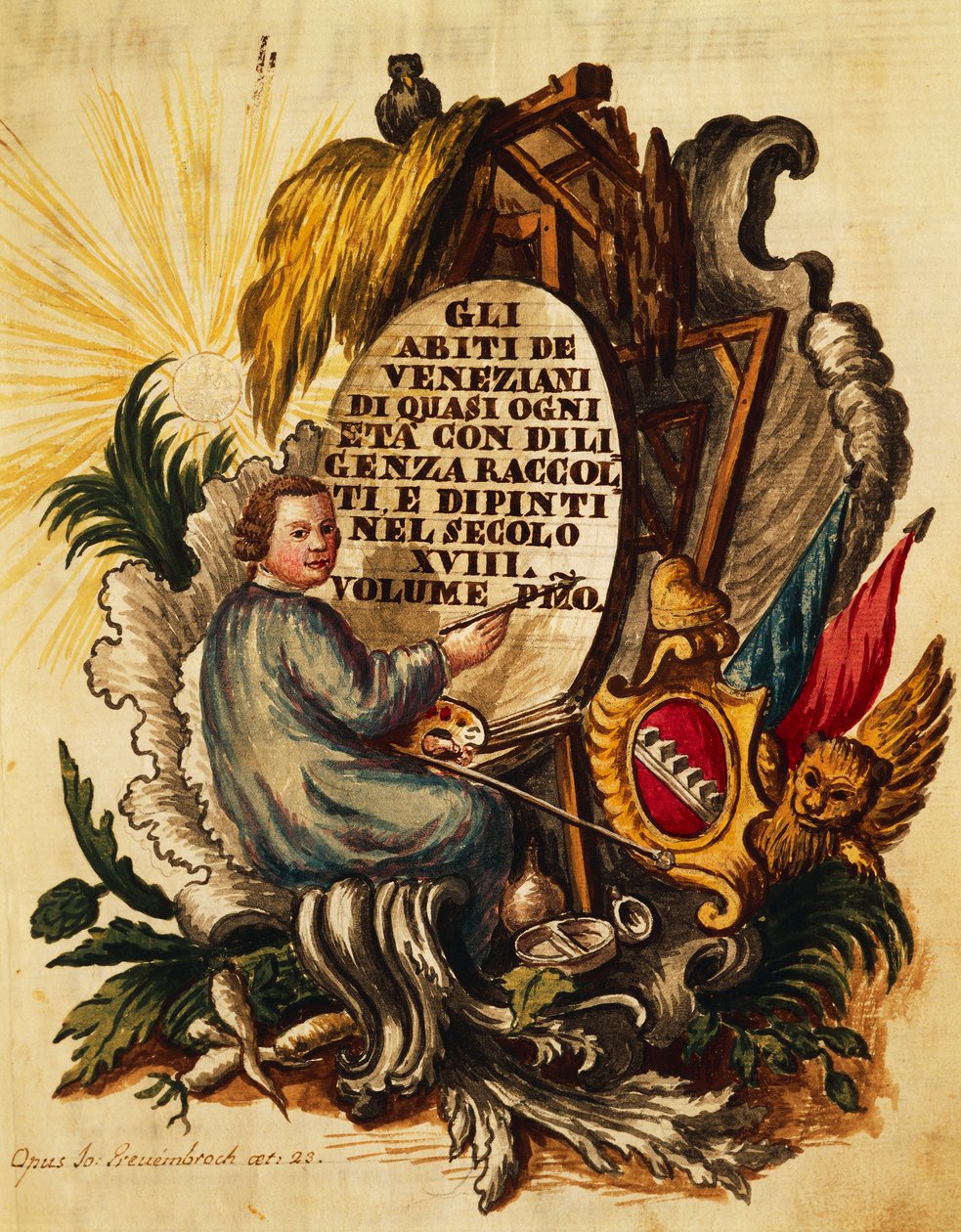 Suknia wenecka dla wszystkich grup wiekowych, starannie zbierana i malowana, na XVIII wiek, przez Giovanniego Grevembrocha, strona tytułowa autorstwa Jan van Grevenbroeck