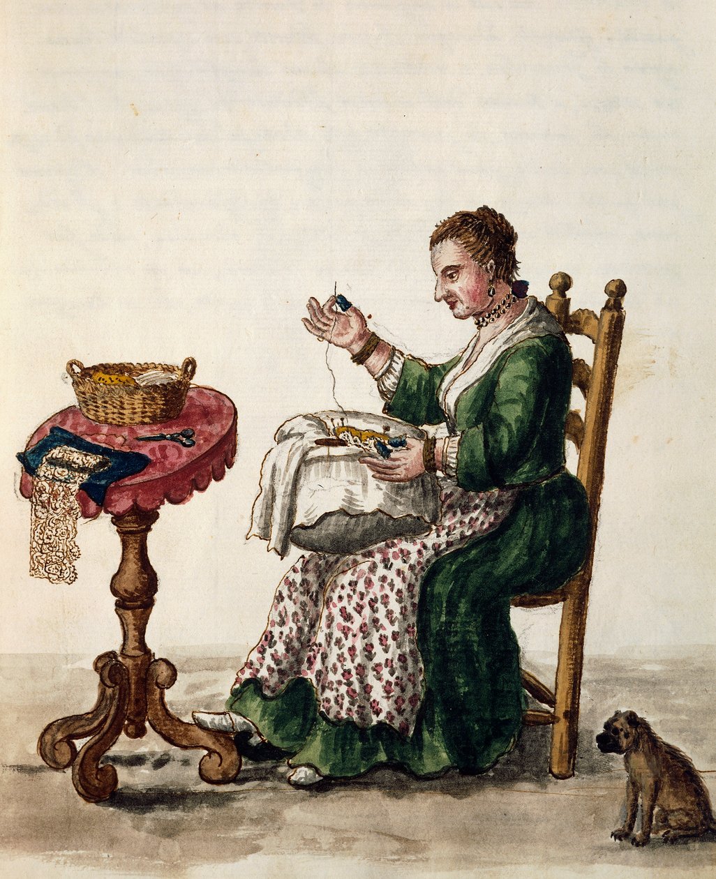 Kobieta robiąca punto z koronki igłowej arii, ok. 1754, ilustracja z Ilustrowanej księgi strojów weneckich, tom III, ok. 147, Jan Grevenbroek (1731-1807), akwarela, Włochy autorstwa Jan van Grevenbroeck