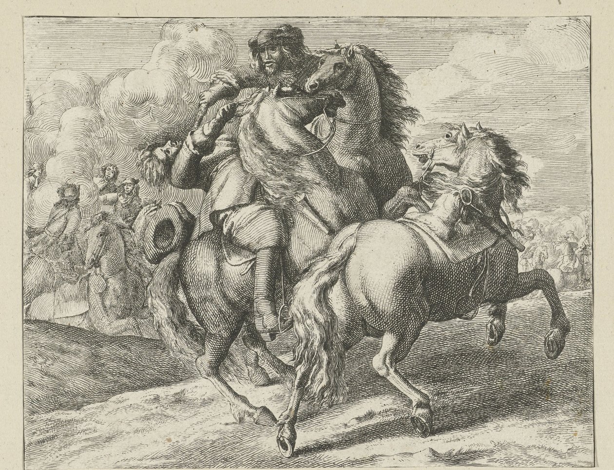Żołnierz zastrzelony na koniu Sceny kawalerii (tytuł serii) autorstwa Jan van Huchtenburg (possibly copy after)
