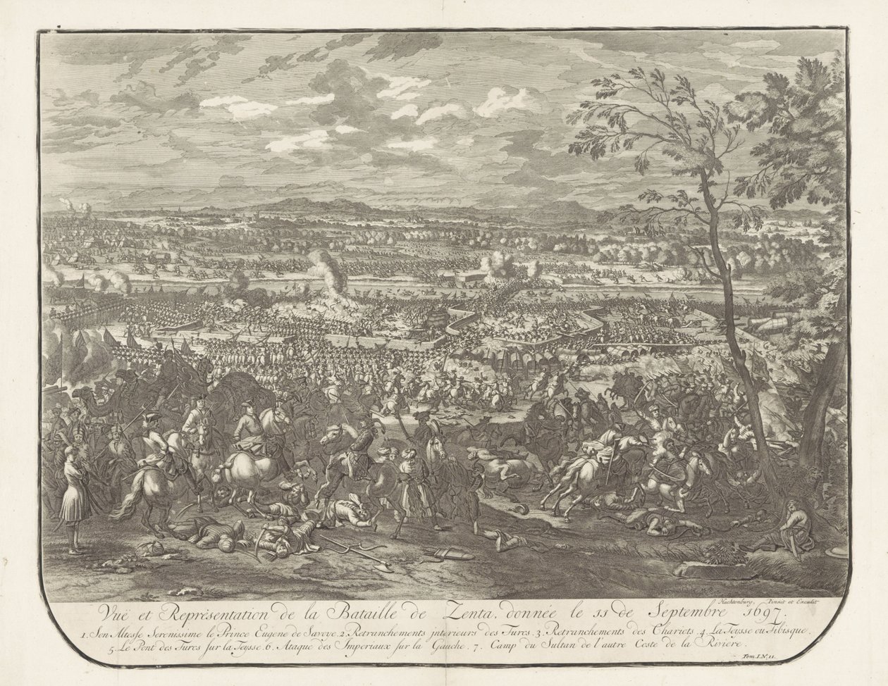 Żużel bij Senta, 1697 Widok i przedstawienie bitwy pod Zenta, podanej 11 września 1697 (tytuł na obiekcie) autorstwa Jan van Huchtenburg