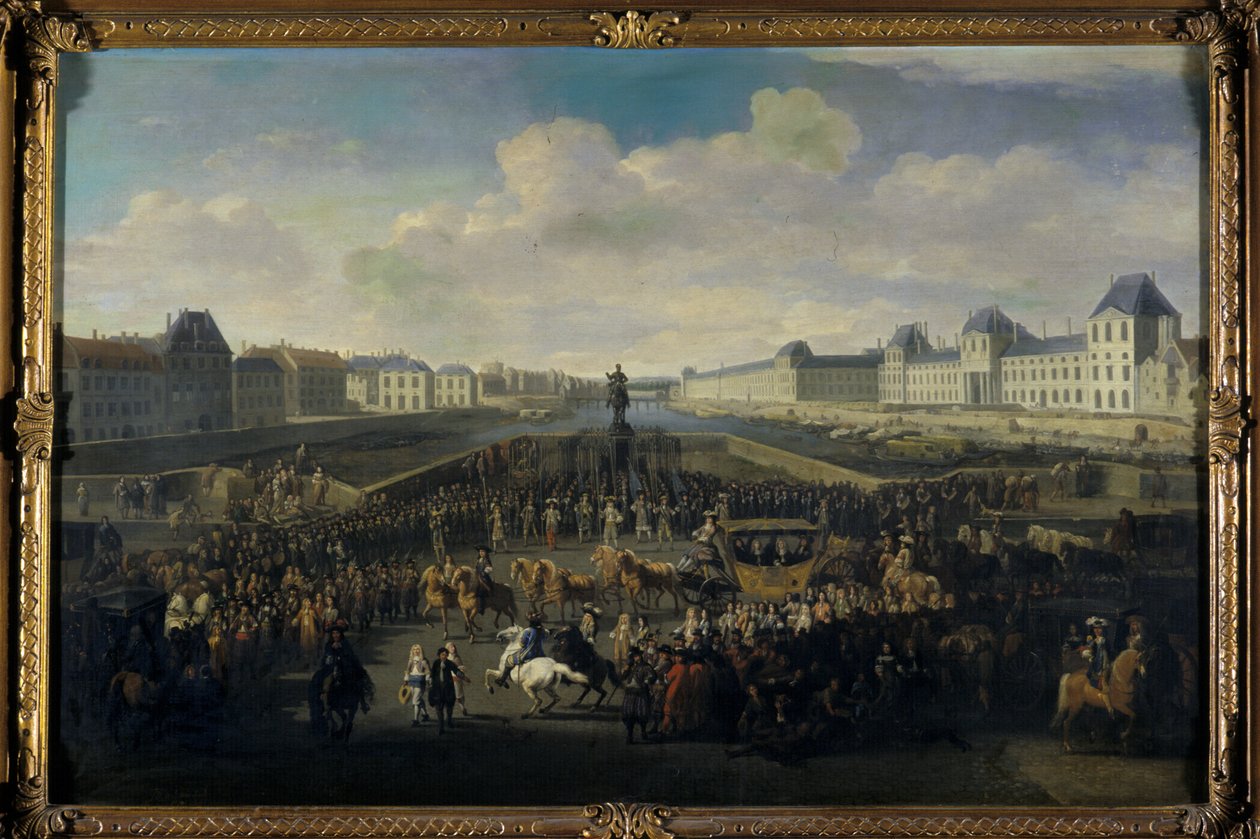 Ludwik XIV zbliża się do Pont Neuf, Paryż autorstwa Jan van Huchtenburgh