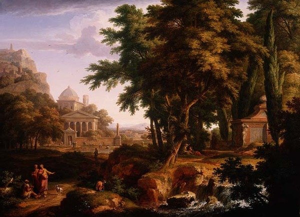 Krajobraz Arkadii ze św. Piotrem i św. Janem uzdrawiającym kalekiego, 1724-25 (para do 68871) autorstwa Jan van Huysum