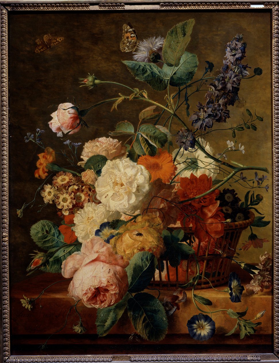 Kosz kwiatów z motylami. Obraz Jana Van Huysuma (1682-1749) Ec. Hol. autorstwa Jan van Huysum