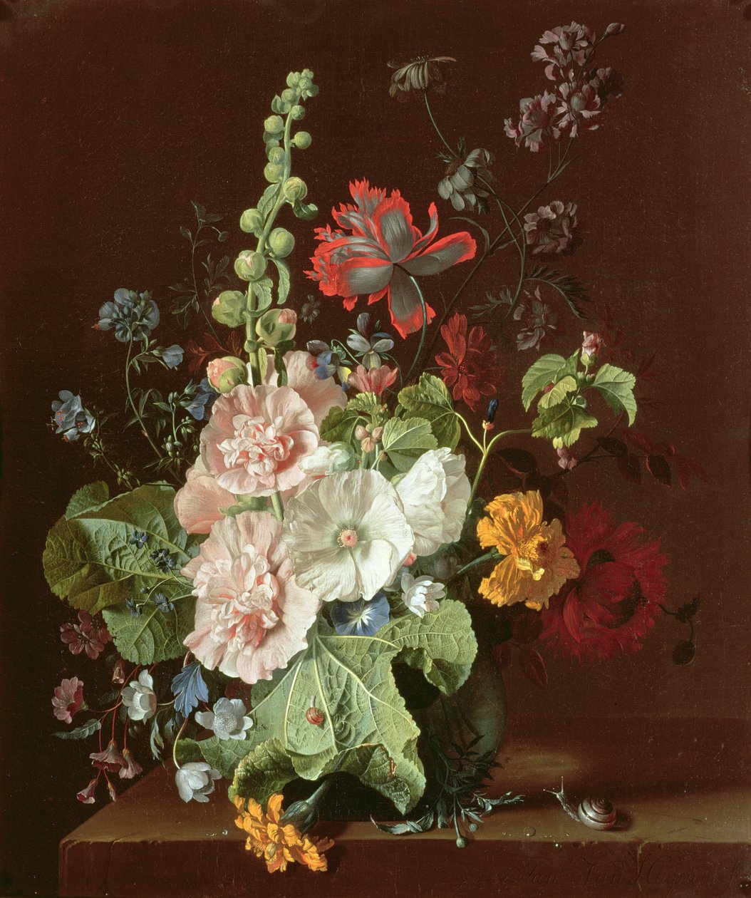 Malwy i inne kwiaty w wazonie, 1702-20 autorstwa Jan van Huysum