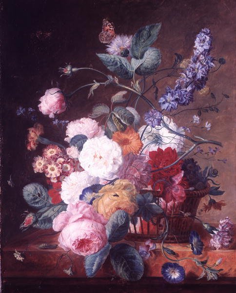 Róże, Dalia, Delphinium i inne kwiaty w koszu na marmurowej półce (olej na płótnie) autorstwa Jan van Huysum