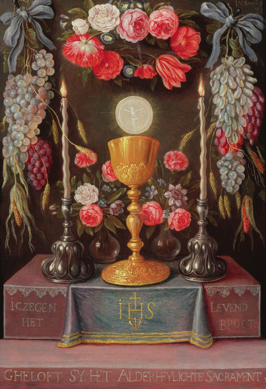 Kielich z Eucharystią w kartuszu ozdobionym kwiatami i owocami, ok. 1664 r. autorstwa Jan van Kessel the Elder