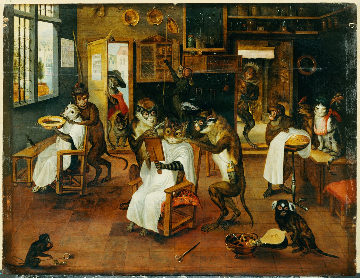 Singerie: Monkey Barbers obsługujący koty autorstwa Jan van Kessel