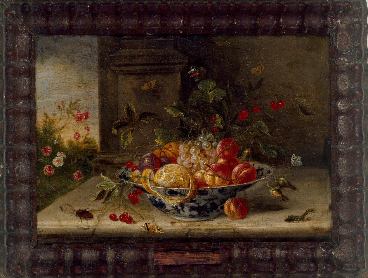 Dekoracyjna kompozycja martwej natury z porcelanową miską, owocami i owadami, połowa XVII wieku autorstwa Jan van Kessel