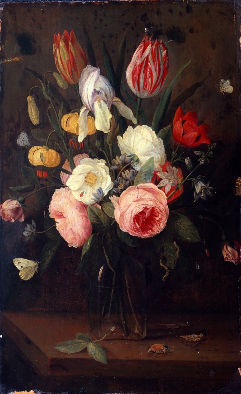 Róże, tulipany i inne kwiaty w szklanym wazonie z owadami na stole autorstwa Jan van Kessel