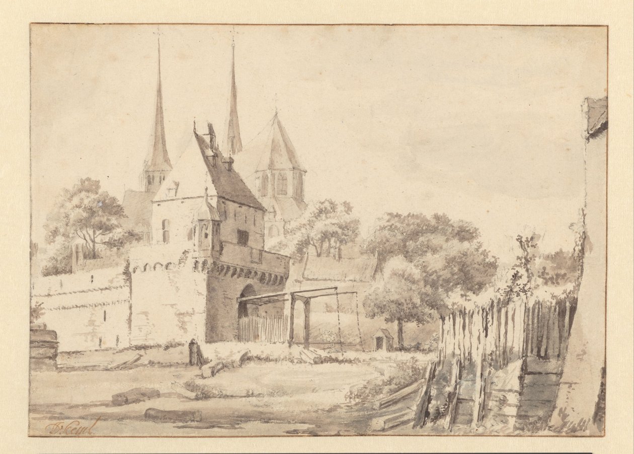 Widok na Bergpoort i Bergkerk w Deventer autorstwa Jan van Kessel