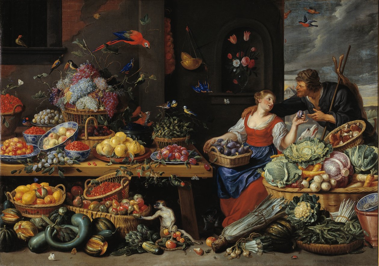 Targ owoców i warzyw z młodym sprzedawcą owoców autorstwa Jan van Kessel d.Æ.
