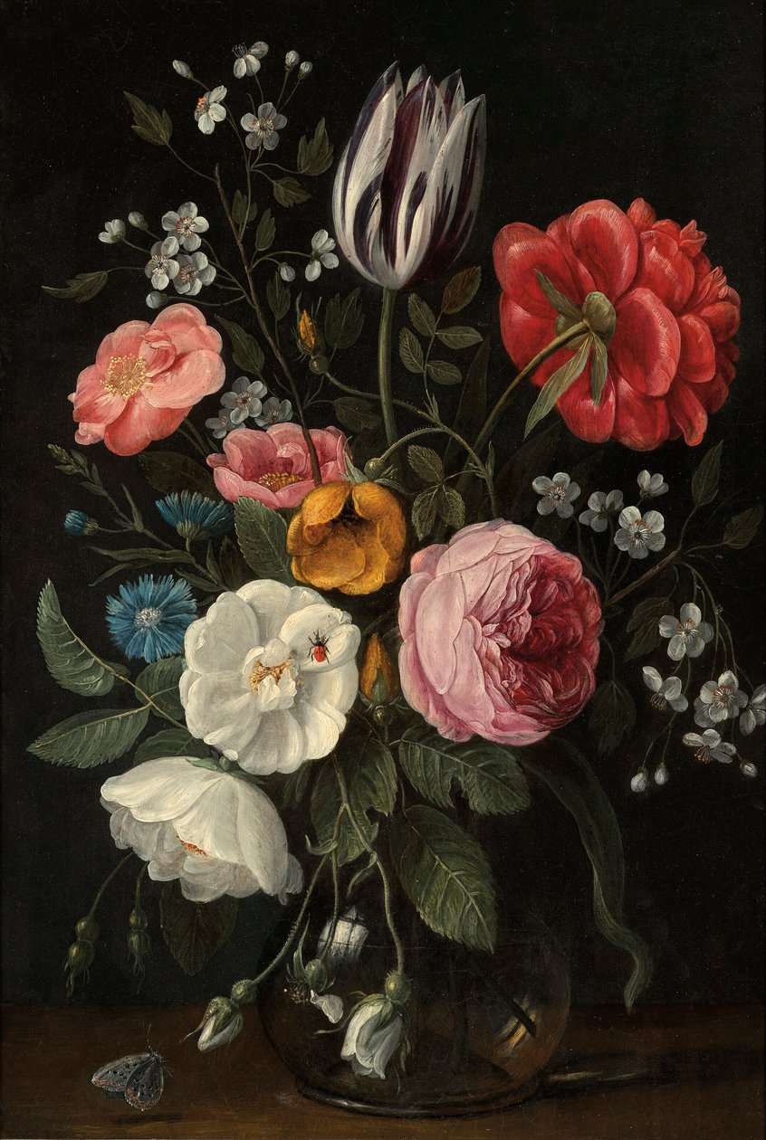 Róże, tulipan, piwonia, kwiat wiśni i centaurium w szklanym wazonie na półce. autorstwa Jan van Kessel the Elder