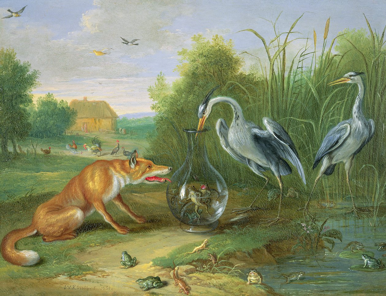 Czapla i lis, 1661 (olej na miedzi) autorstwa Jan van Kessel the Elder