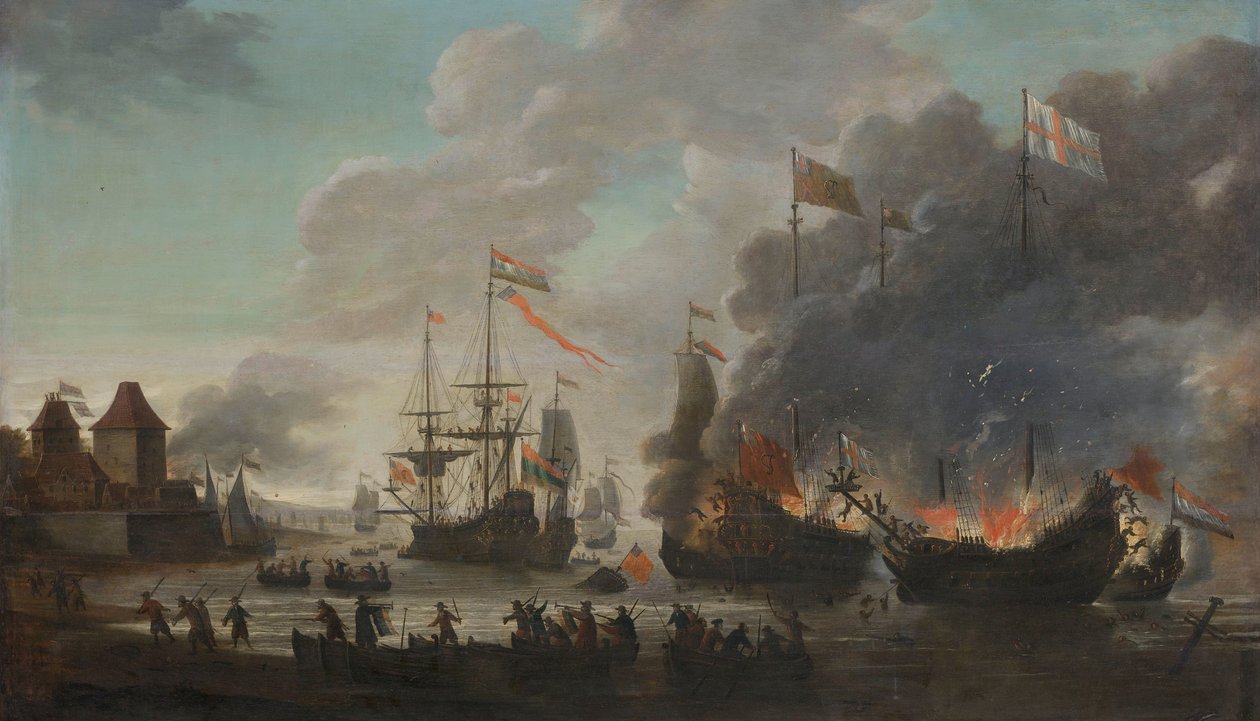 Holenderskie płonące statki angielskie podczas holenderskiego nalotu na Medway, 20 czerwca 1667 r autorstwa Jan van Leyden