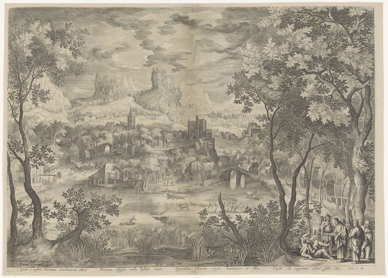 Landschap met Christus die een demon uitdrijft bij een stomme man Wypędza nieszczęsnego Lorda Cacodaemona, Opętany mitem, wypowiada duchom wymowne słowa, Chrystus dominuje nad Stygijczykami i zmusza ich do oddania swojej siedziby imperium (tytuł na przedmi autorstwa Jan van Londerseel