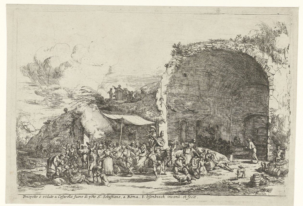 Uroczystości przy ruinach jaskini nimfy Egeria Prospetto e veduto a Cafarelle fuoro di porte S. Sebastiano, Roma (tytuł na obiekcie) autorstwa Jan van Ossenbeeck
