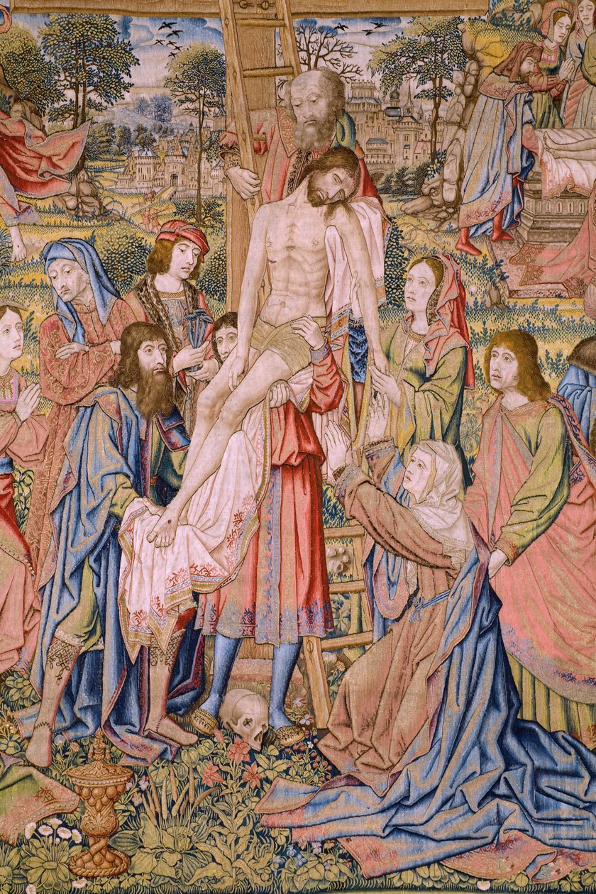 Flamandzki gobelin. Seria Męka Chrystusa: Zejście z krzyża (Kruisafneming, Descendimiento de la cruz). Produkcja Pieter van Aelst. Rysownik Jan van Roome. ok. 1507-1520. Szczegół. autorstwa Jan van Roome