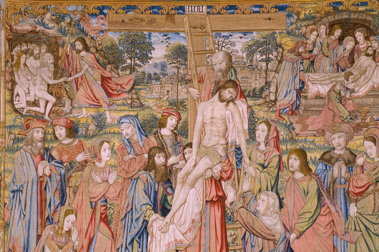 Flamandzki gobelin. Seria Męka Chrystusa: Zejście z krzyża (Kruisafneming, Descendimiento de la cruz). Produkcja Pieter van Aelst. Rysownik Jan van Roome. ok. 1507-1520. Szczegół. autorstwa Jan van Roome