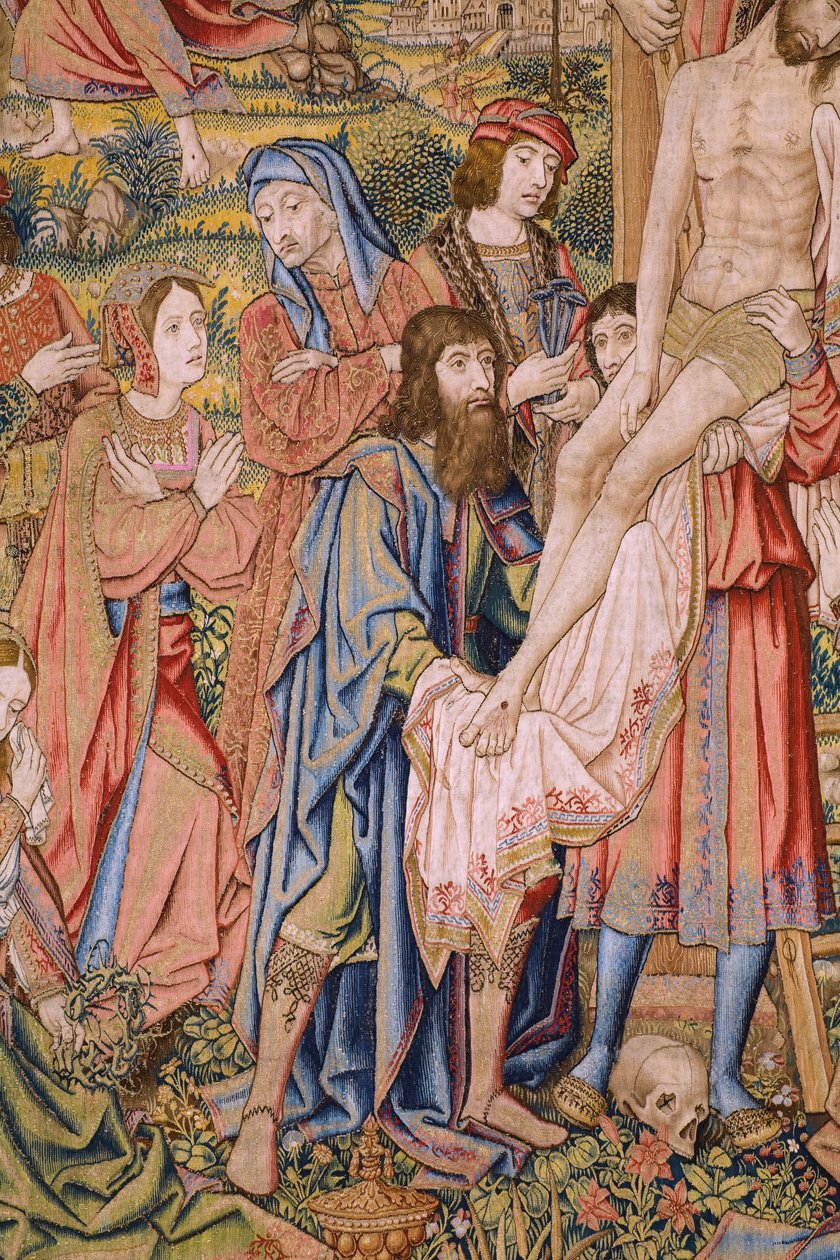 Flamandzki gobelin. Seria Męka Chrystusa: Zejście z krzyża (Kruisafneming, Descendimiento de la cruz). Produkcja Pieter van Aelst. Rysownik Jan van Roome. ok. 1507-1520. Szczegół. autorstwa Jan van Roome