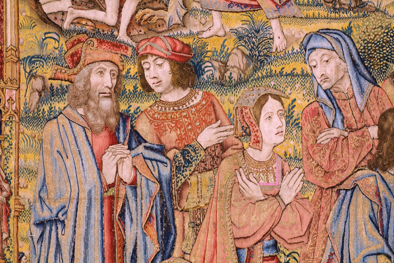 Flamandzki gobelin. Seria Męka Chrystusa: Zejście z krzyża (Kruisafneming, Descendimiento de la cruz). Produkcja Pieter van Aelst. Rysownik Jan van Roome. ok. 1507-1520. Szczegół. autorstwa Jan van Roome
