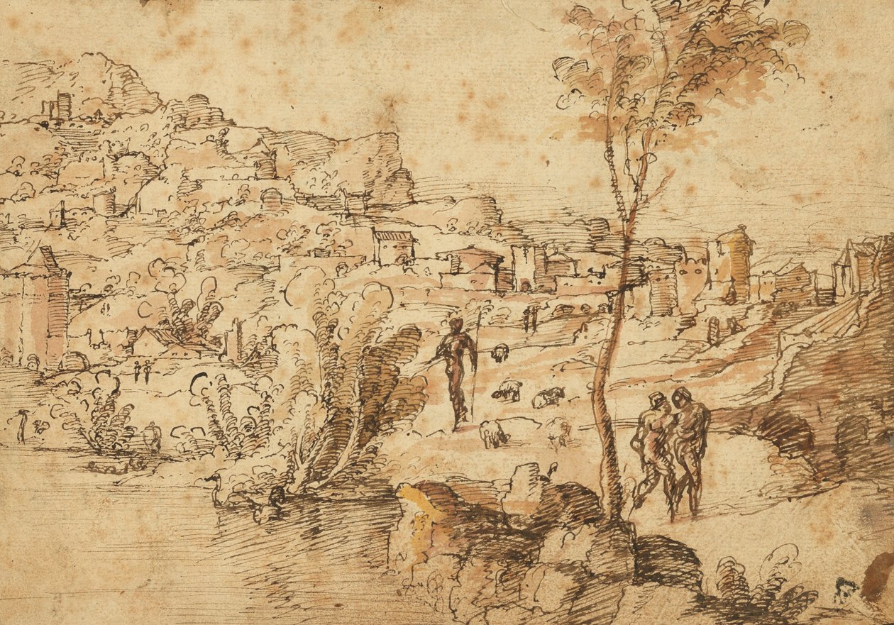 Pejzaż z pasterzami nad rzeką i miastem za rzeką (recto); Studium postaci i ruiny rzymskie (verso) autorstwa Jan van Scorel