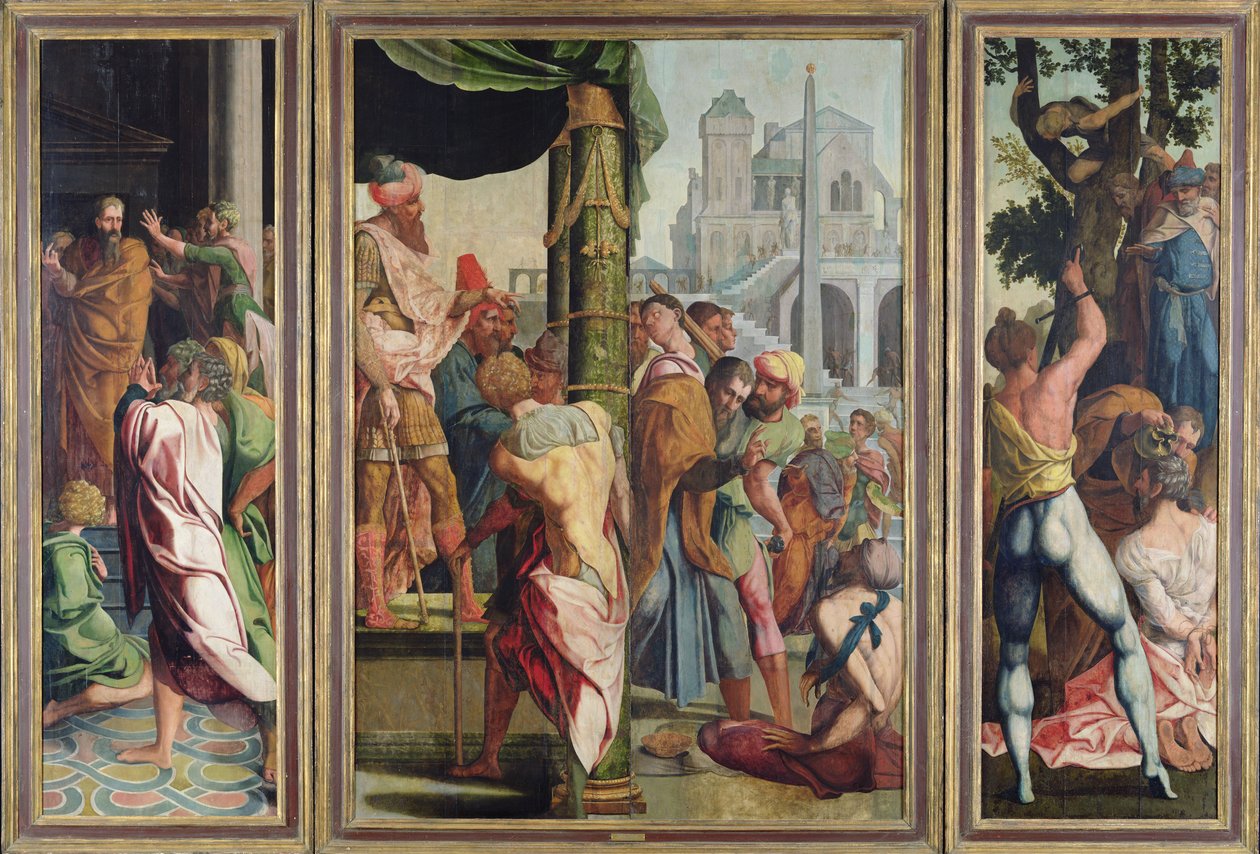 Kazanie, aresztowanie i męczeństwo św. Jakuba Większego, z poliptyku św. Szczepana i św. Jakuba Większego, ok. 1541 autorstwa Jan van Scorel