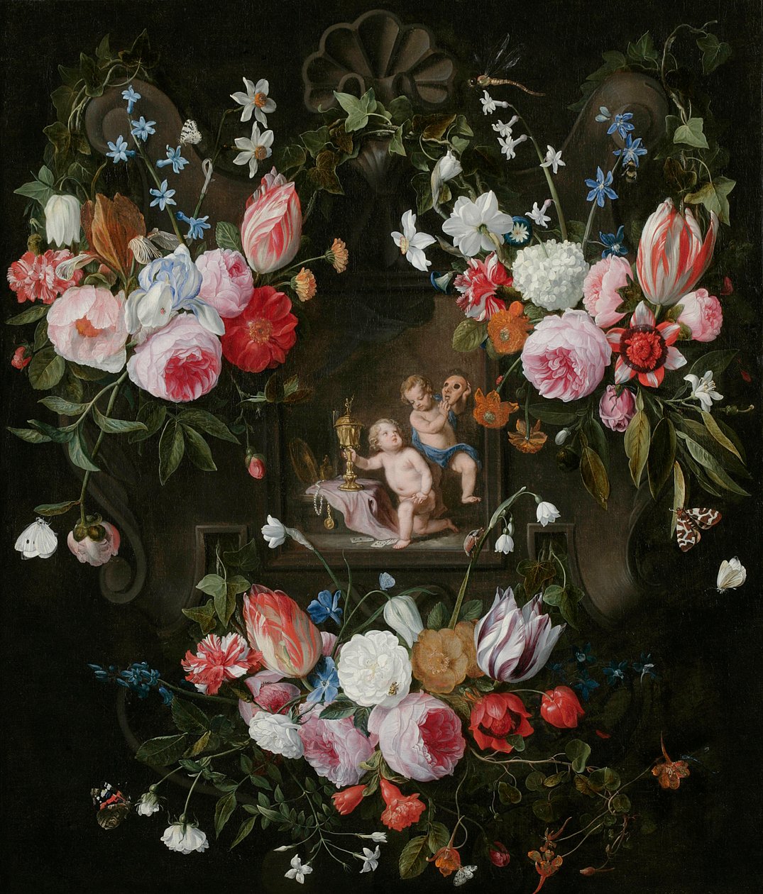 Kartuszowa martwa natura z kwiatami wokół alegorycznego wizerunku Putti z kosztownymi przedmiotami i maską, 1648 r. autorstwa Jan van and Balen, Hendrik van Kessel