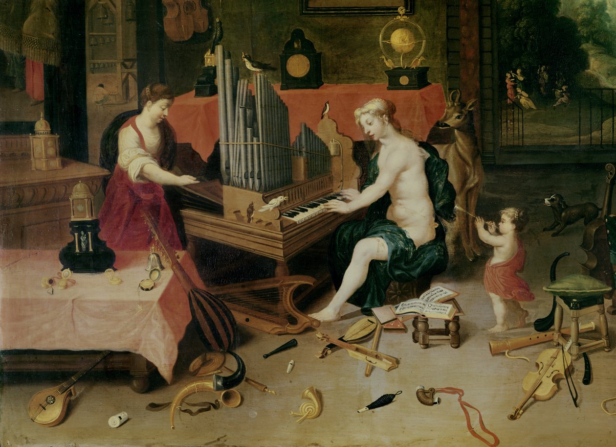 Alegoria Słuchu, szczegół organisty autorstwa Jan van and Balen, Hendrik van Kessel