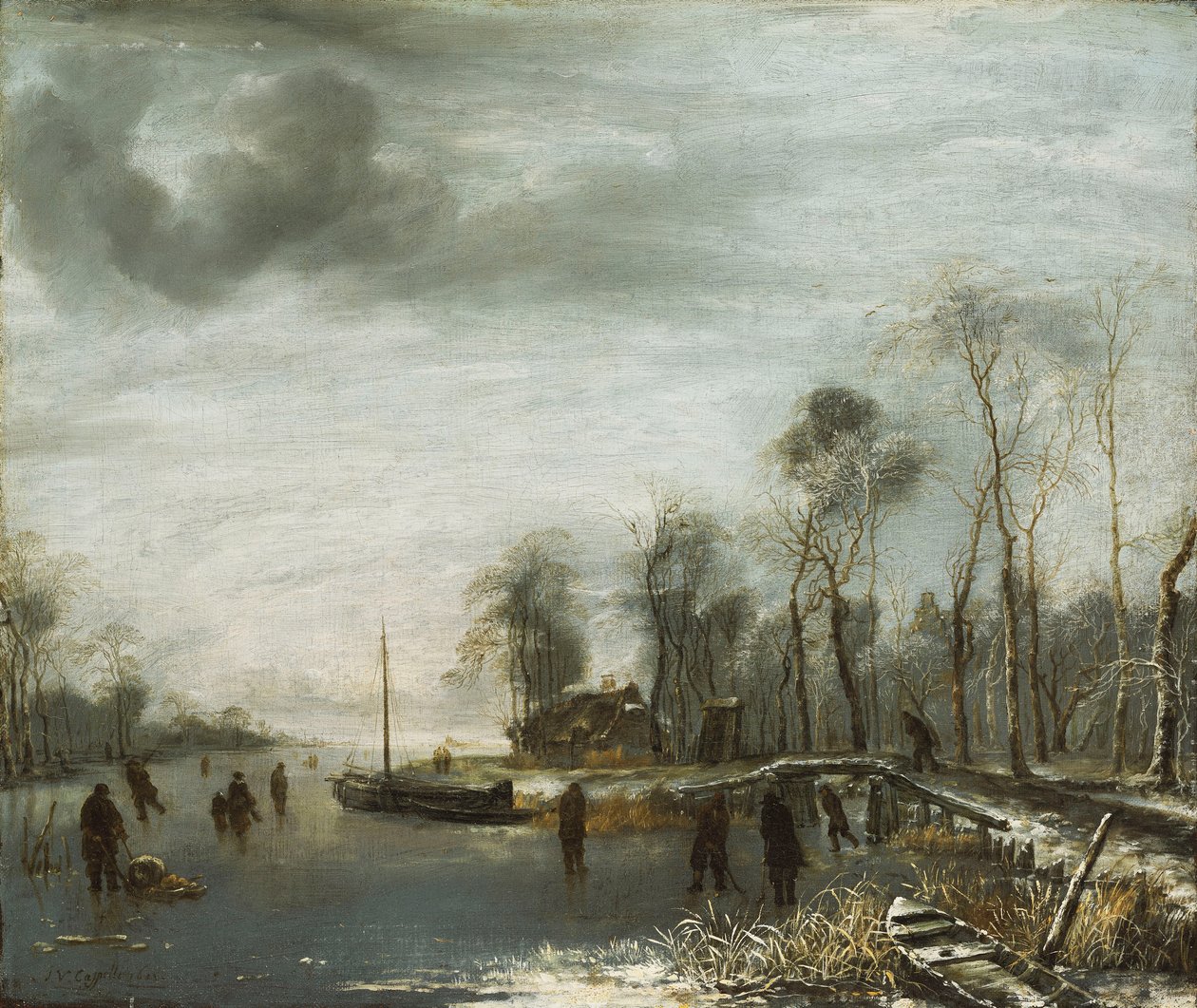 Pejzaż zimowy z łyżwiarzami i graczami w gry planszowe na zamarzniętym szlaku wodnym, 1653 autorstwa Jan van de Capelle or Cappelle