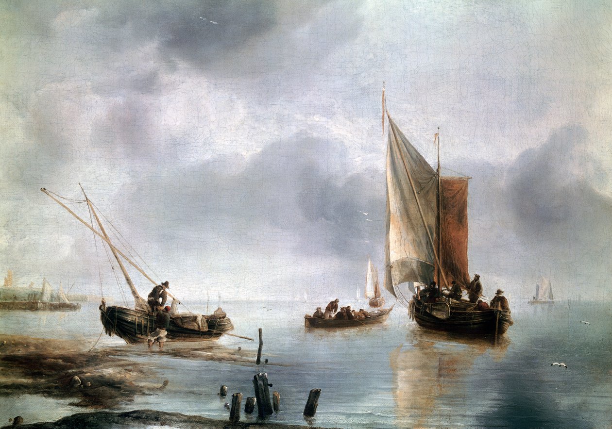 Mały statek w lekkim powietrzu, a drugi na brzegu, ok. 1650-1660, Jan van de Cappelle (1624-ca 1679), olej na płótnie, 34, 8x48 autorstwa Jan van de Capelle or Cappelle