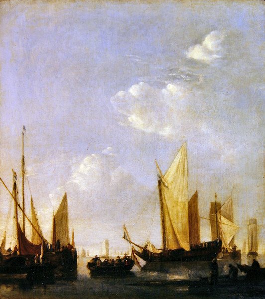 Żegluga zakotwiczona na spokojnym morzu, ok. 1650 r. (olej na desce) autorstwa Jan van de Capelle or Cappelle