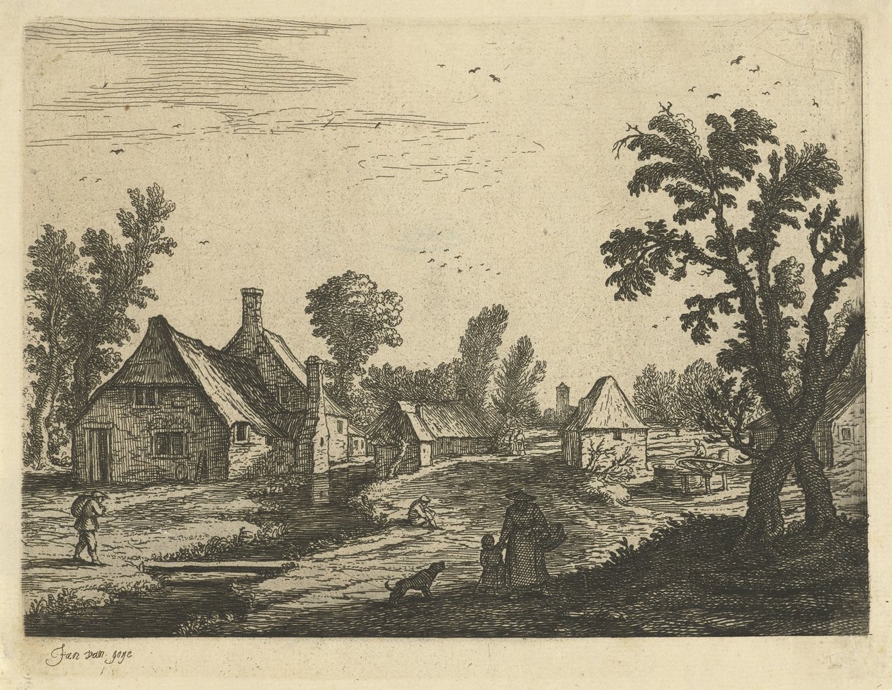 Widok na wieś z kobietą i dzieckiem na wiejskiej ulicy autorstwa Jan van de Cappelle (attributed to)