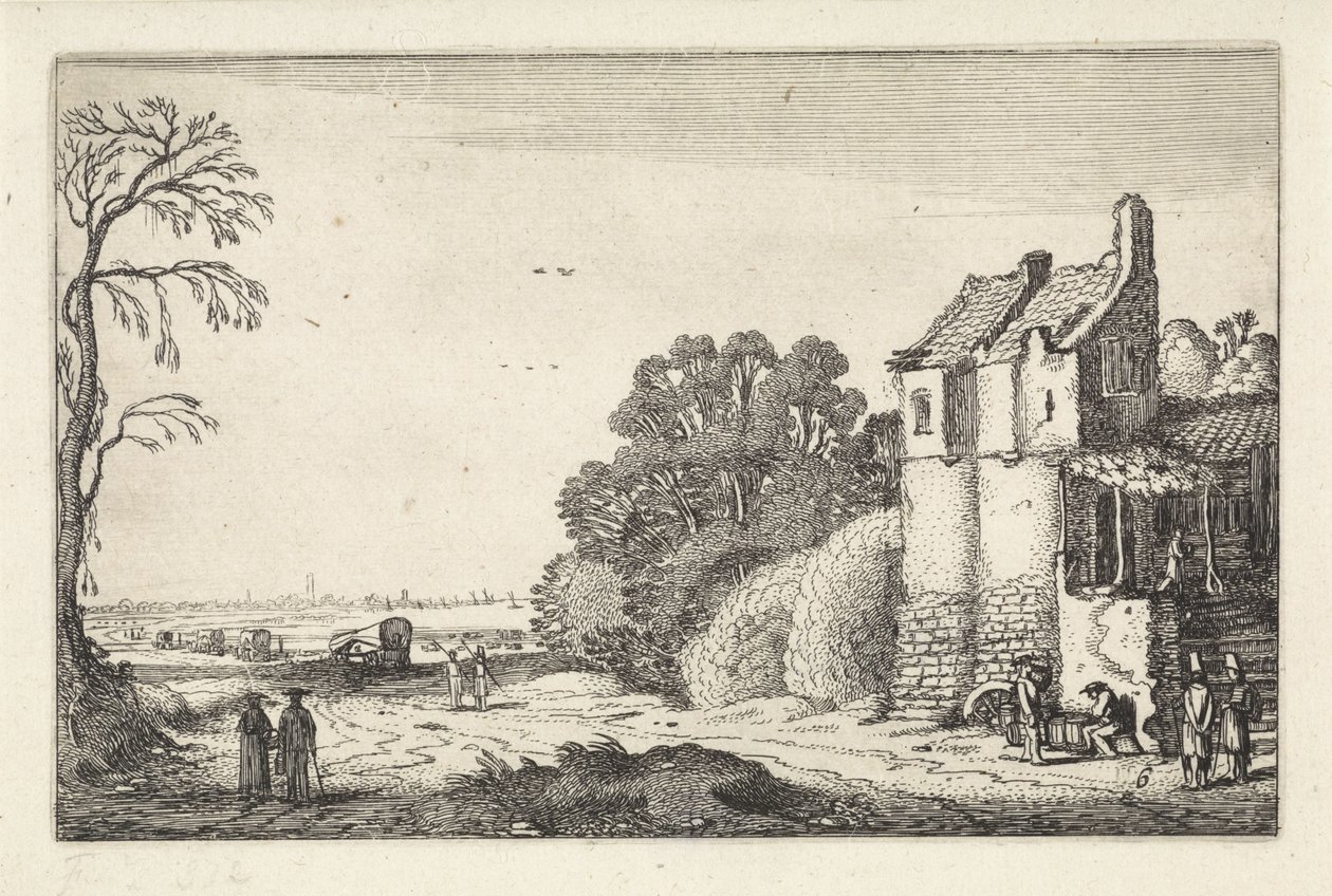 Figurki w domu i kryte wagony na wiejskiej drodze Krajobrazy (tytuł serii) Amenissimae aliquot requculae (tytuł serii) autorstwa Jan van de Velde (II)
