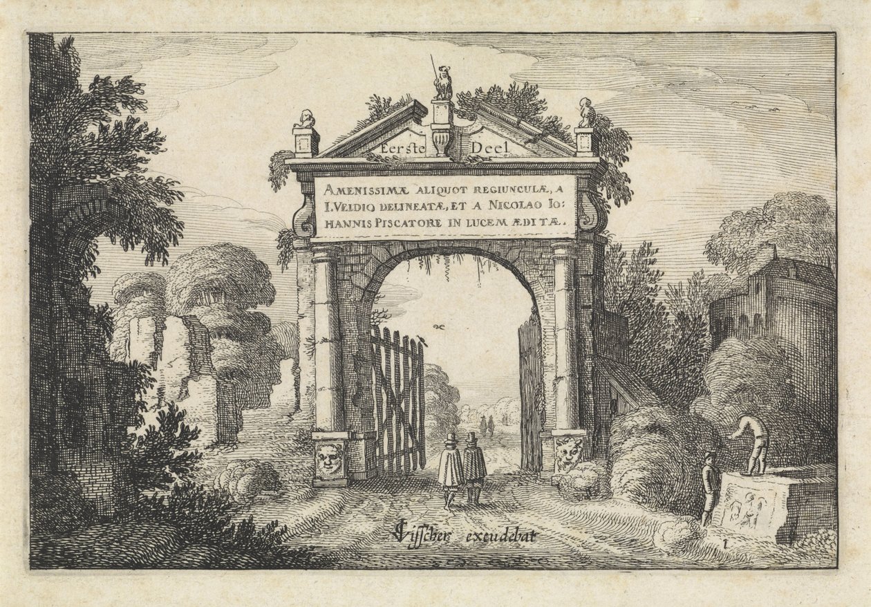 Postacie przy bramie w krajobrazie Krajobrazy (tytuł serii) Amenissimae aliquot requculae (tytuł serii na przedmiocie) autorstwa Jan van de Velde (II)