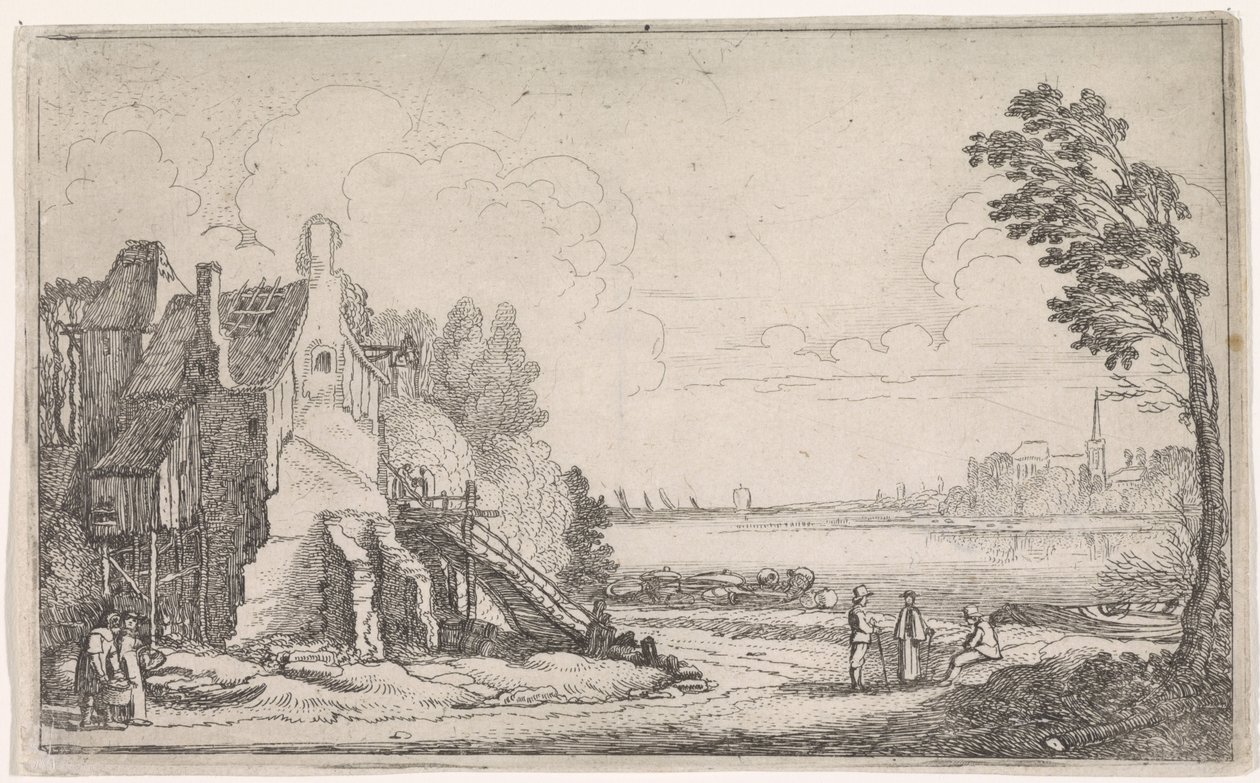 Figurki w zrujnowanym domu nad rzeką Krajobrazy rzeczne (tytuł serii) autorstwa Jan van de Velde (II)