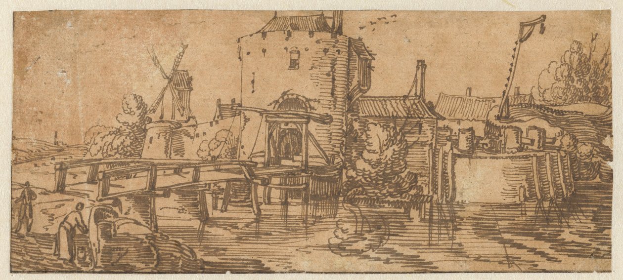 Widok na miasto (Culemborg?) z mostem przed bramą autorstwa Jan van de Velde (II)