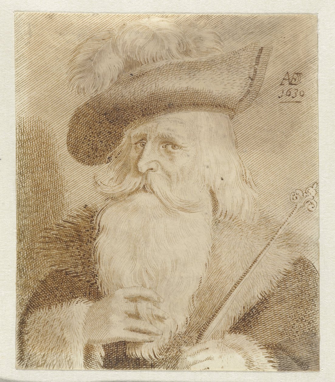 Mężczyzna z futrzanym kołnierzem, czapką i laską autorstwa Jan van de Velde (II)