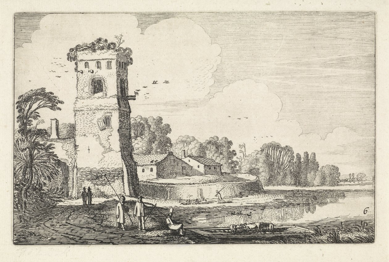 Pont z owcami na wieży w krajobrazie rzeki Krajobrazy (tytuł serii) Amenissimae aliquot requculae (tytuł serii) autorstwa Jan van de Velde (II)
